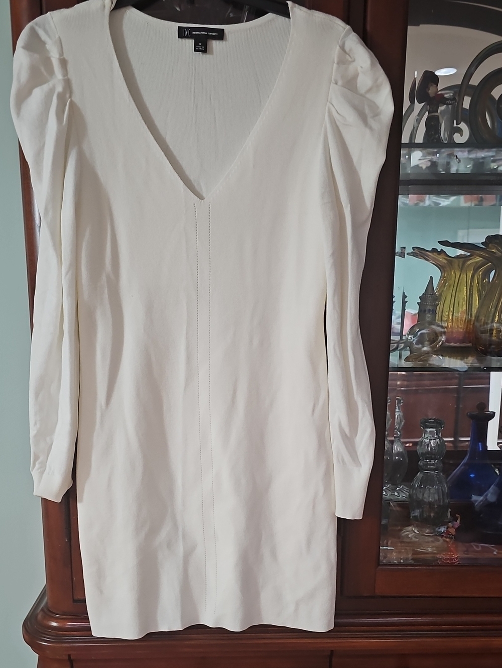 INC International Concepts V-Neck Long Sleeve Knit  Dress White Size Medium